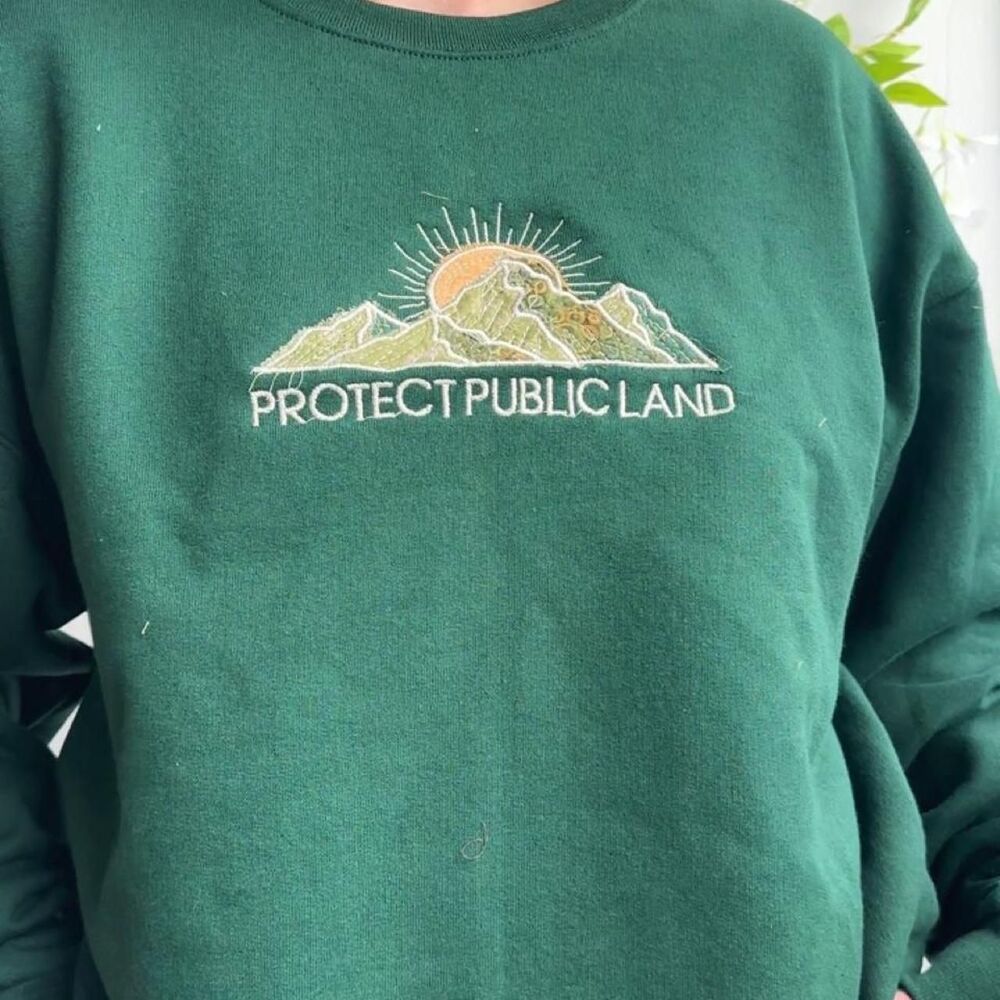 NWT Protect Public Lands patchwork embroidered forest green crewneck sweatshirt